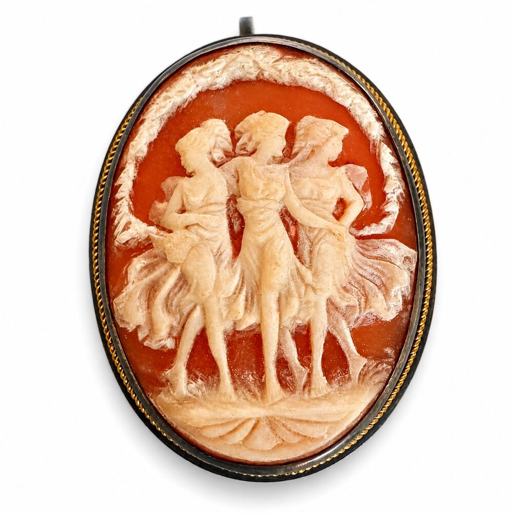 Vintage Silver Cameo Pin Brooch Pendant Carved Shell Three Dancing Women